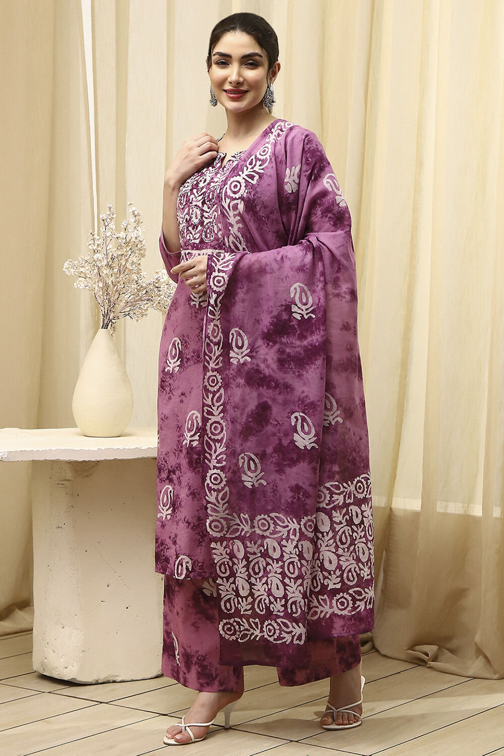 Purple Cotton Unstitched Suit Set image number 4