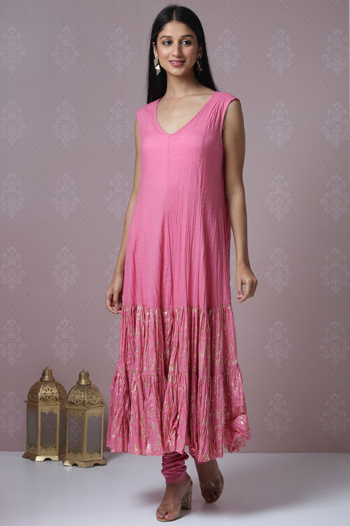 Pink Art Silk Double Layered Kurta Churidar Suit Set image number 4