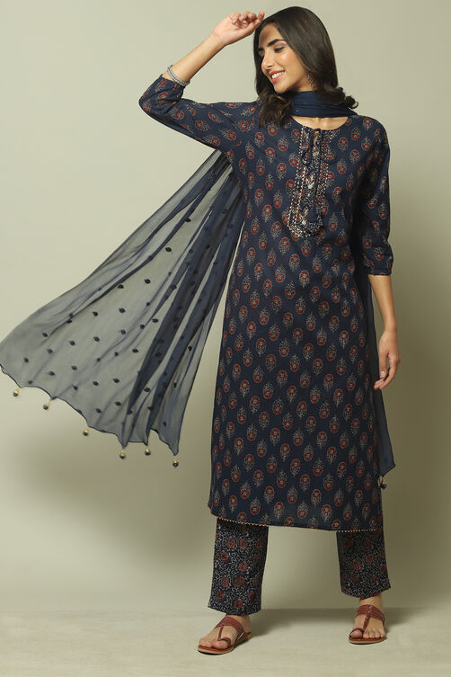 Indigo Cotton Hand Block Print Unstitched Suit Set image number 0