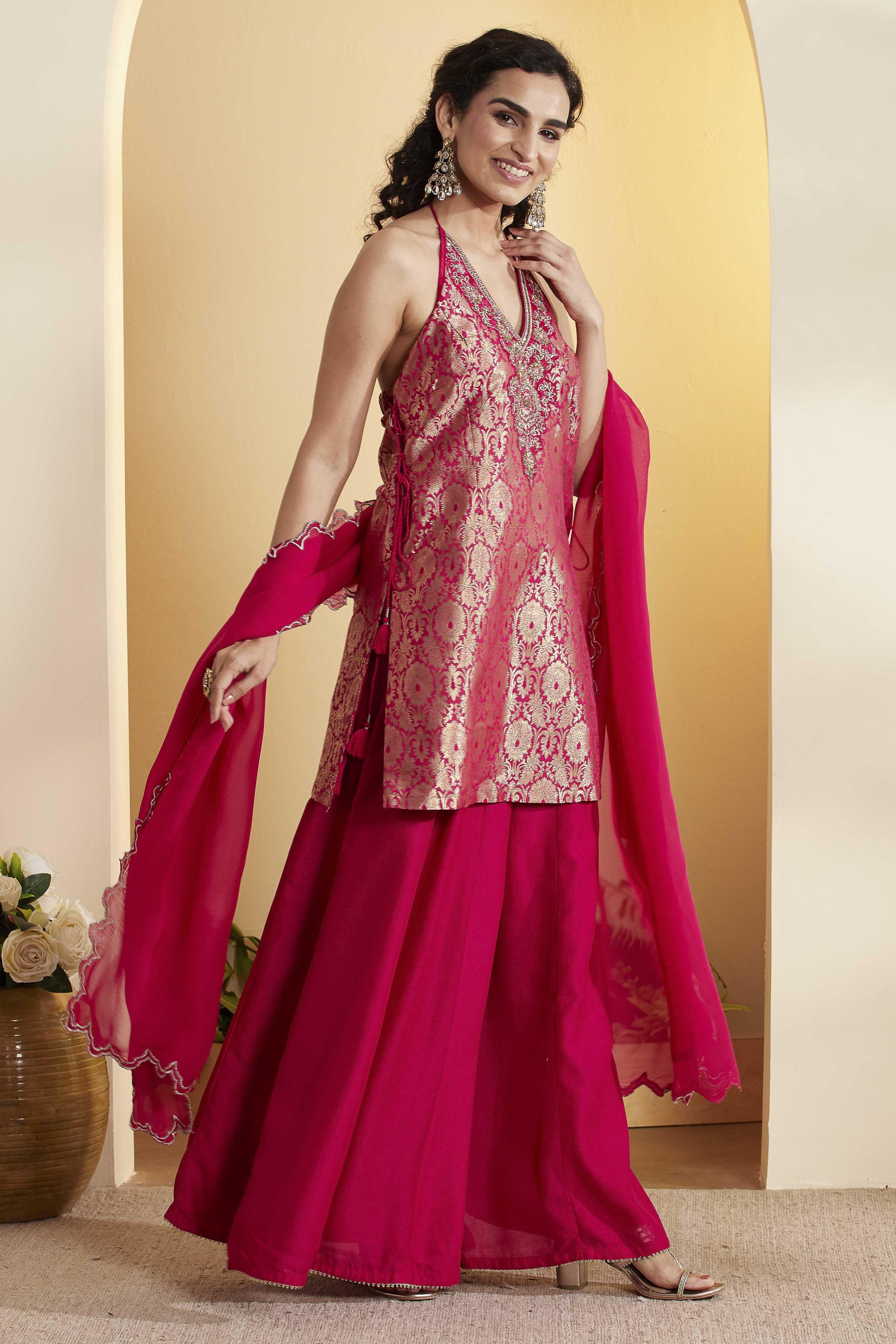 Violet Blue Viscose Rayon Halter Neck Sharara Set image number 4