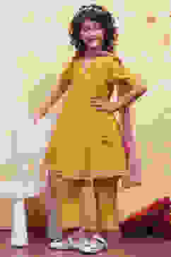 Yellow Yarn Dyed Angrakha Anarkali Suit Set image number 0