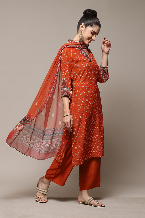 Blue & Rust Polyester Straight Kurta Narrow Palazzo Suit Set image number 7