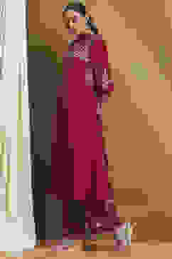 Red Silk Embroidered A-Line Suit Set image number 3