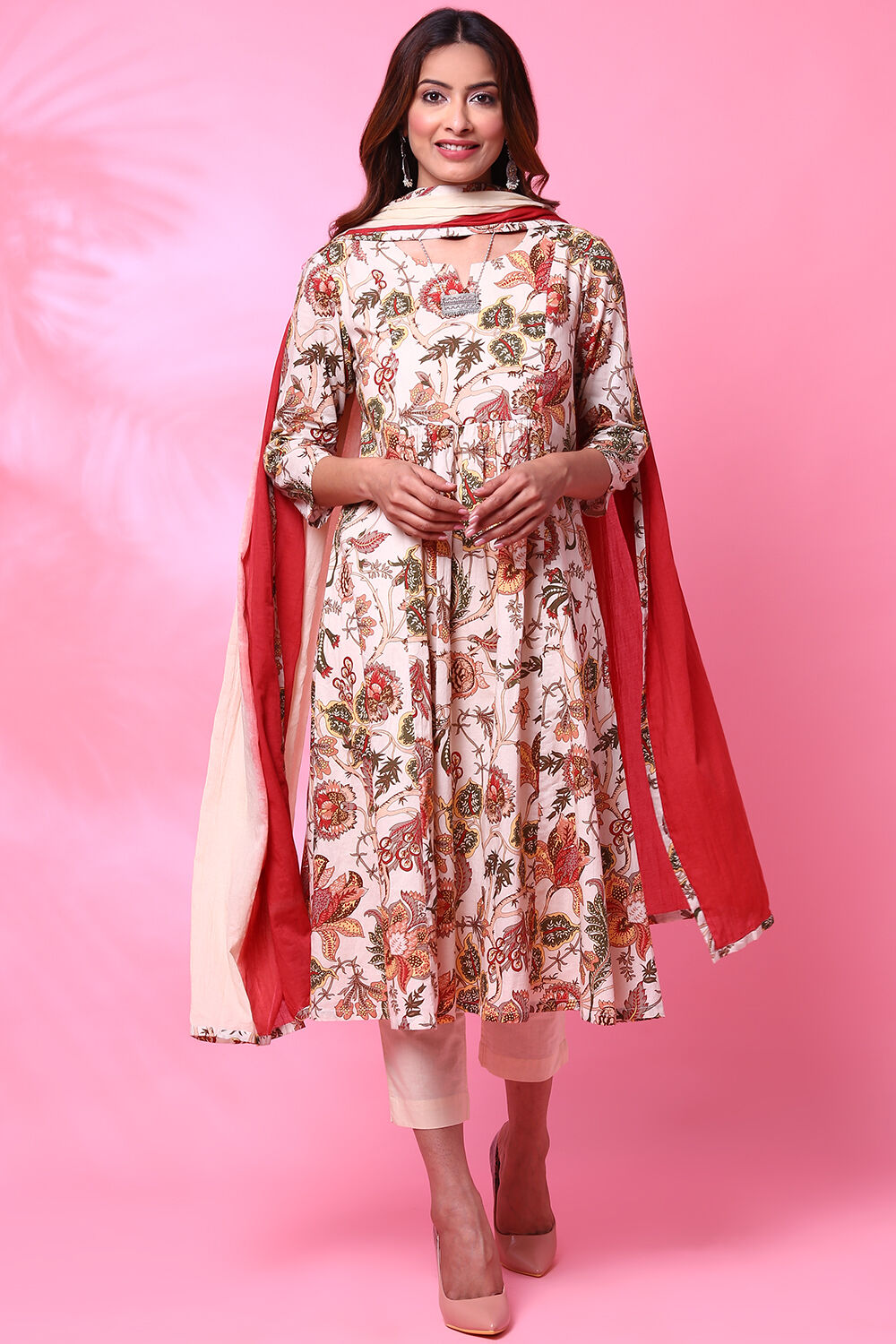 Biba red cotton kalidar suit set sales
