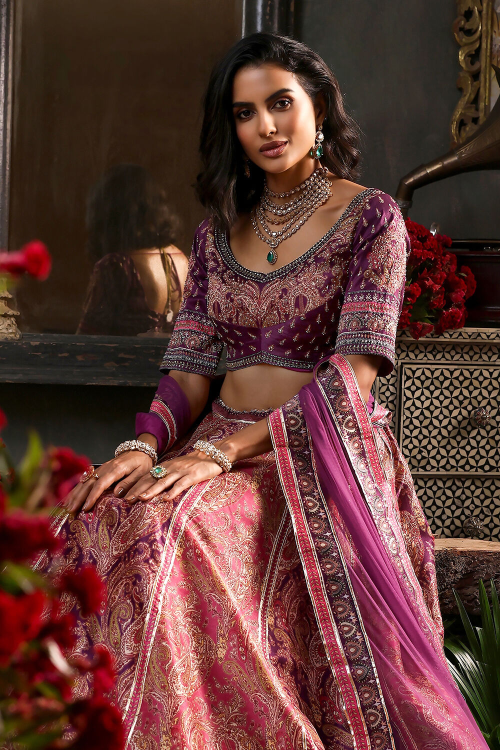 Purple Hand Embroidered Flared Lehenga Set image number 0