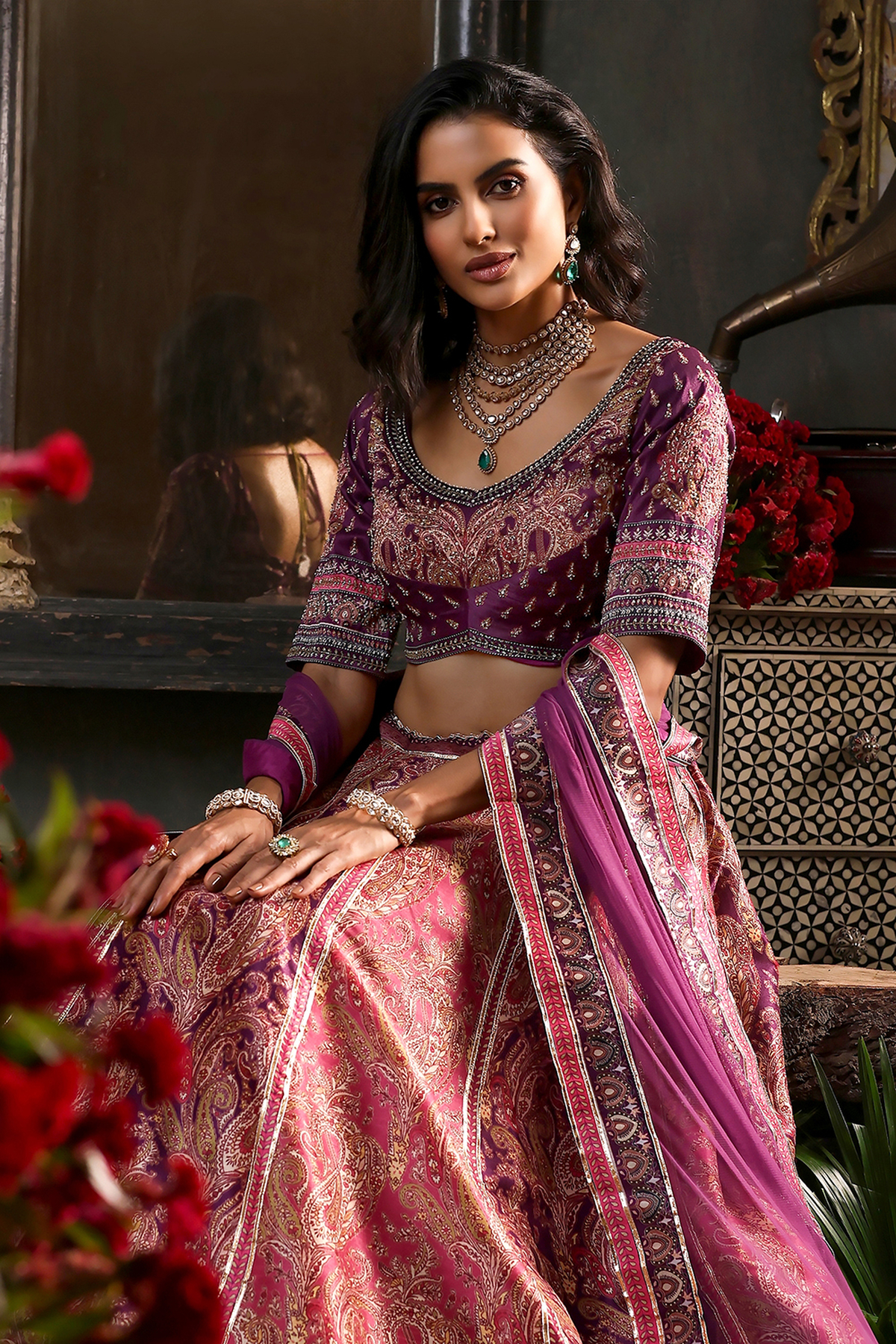 Purple Hand Embroidered Flared Lehenga Set