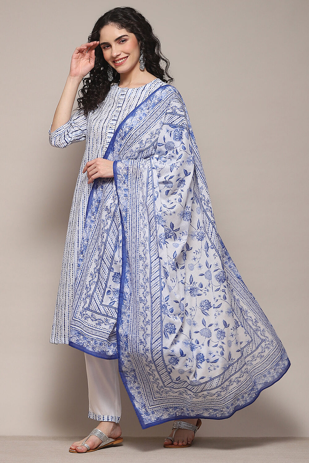 White Blue Cotton Straight Suit Set Kurta Pant Dupatta at Biba Global