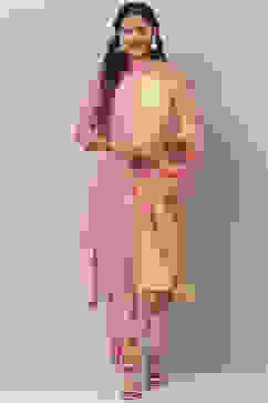 Yellow And Pink Poly Viscose Asymmetric Kurta Pant Suit Set image number 0