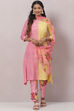 Yellow And Pink Poly Viscose Asymmetric Kurta Pant Suit Set