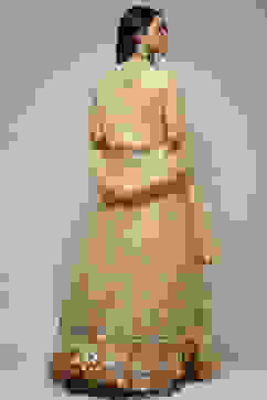 Beige Nylon Front Open Embroidered Kurta Lehenga Set image number 5