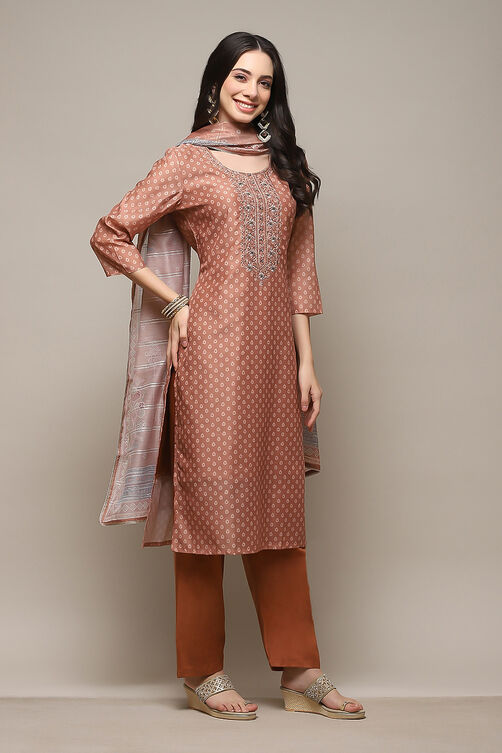 Rust Chanderi Blend Woven Unstitched Suit Set image number 7