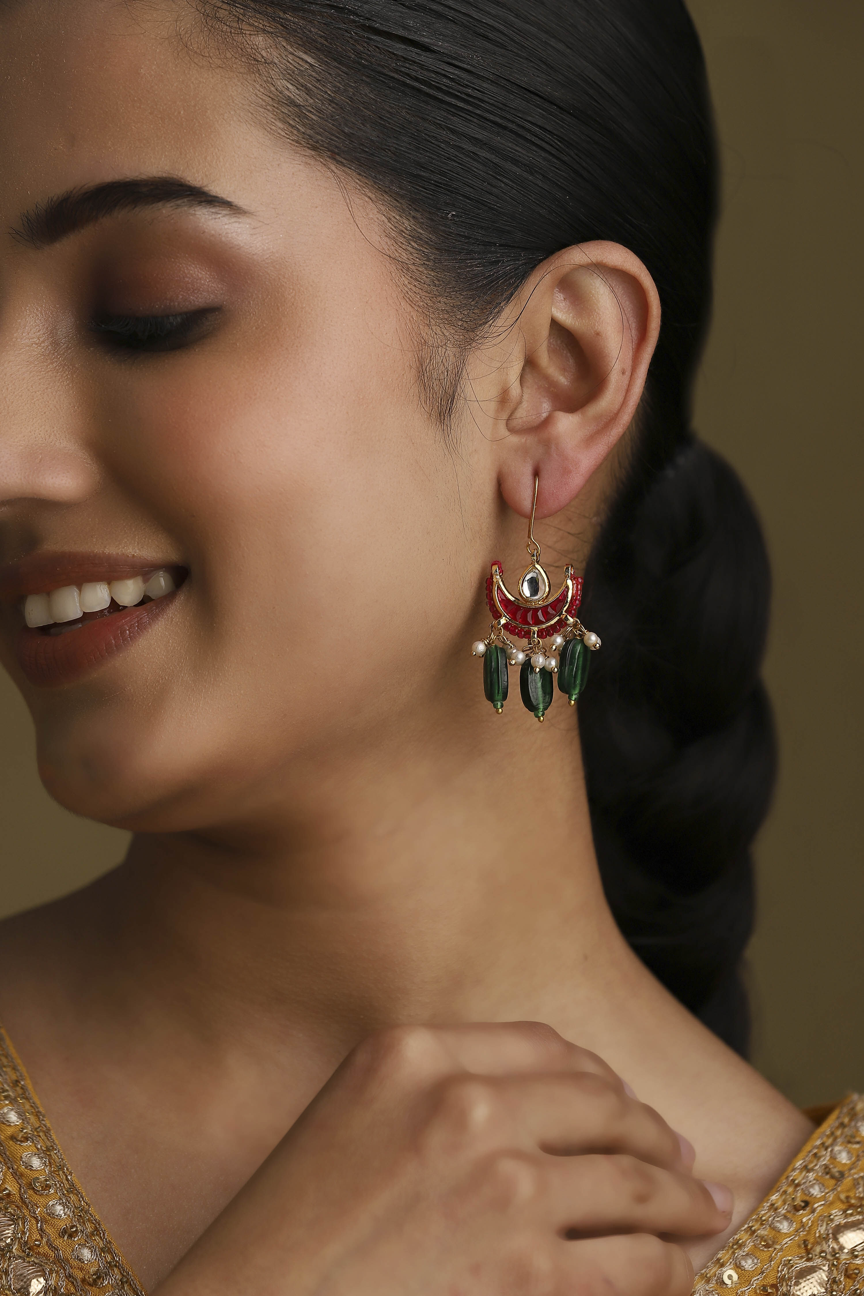 Multicolour Gold Plated Brass Studded Drop Earrings image number 1
