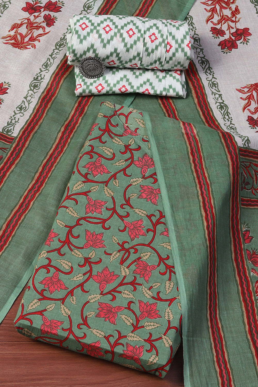 Green Cotton Unstitched Suit set image number 0