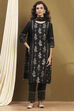 Black Viscose Blend Floral Yarn Dyed Straight Suit Set image number 6