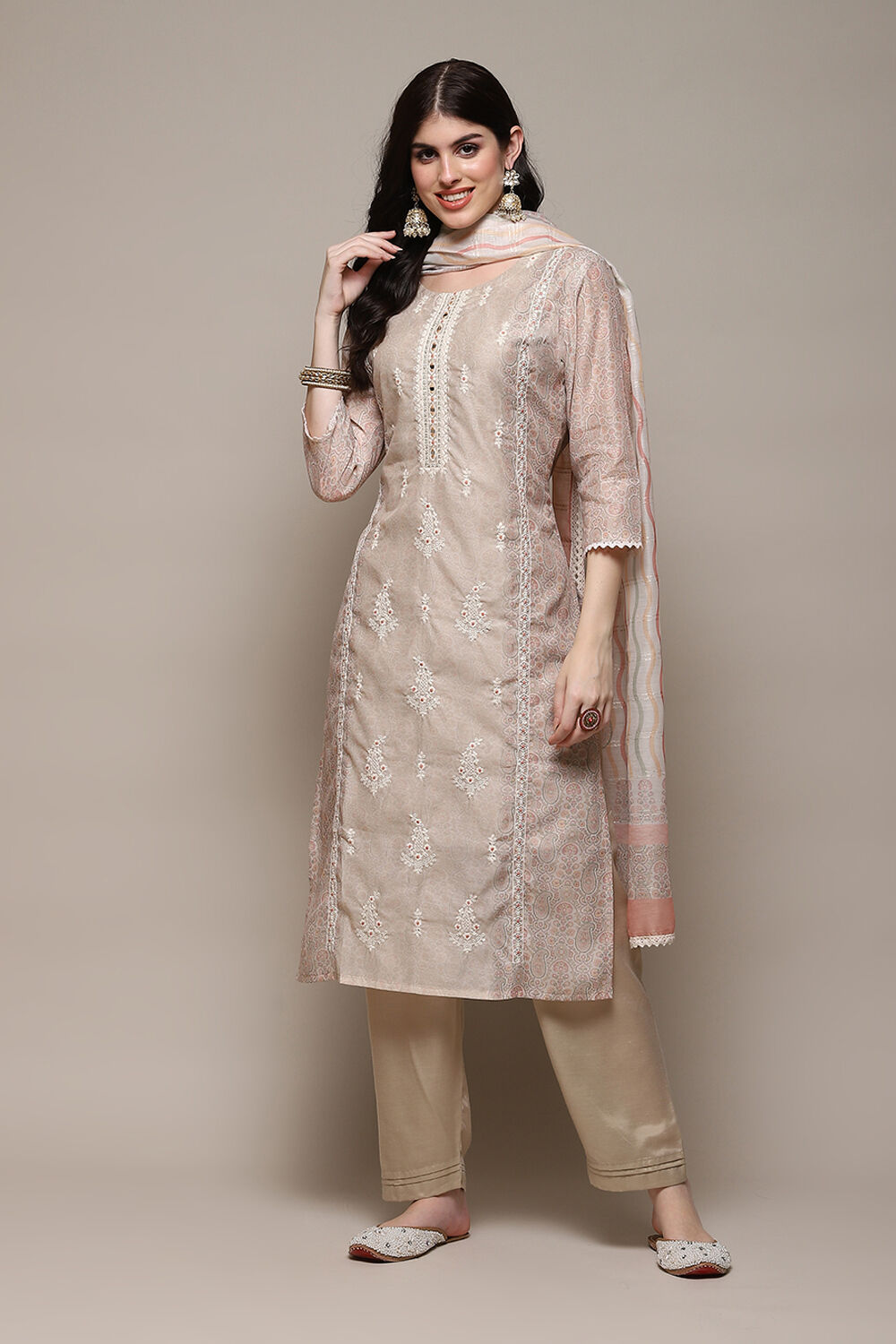 Beige Chanderi Blend Machine Embroidered Unstitched Suit Set image number 8
