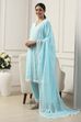 Sky Blue Cotton Floral Embroidered Straight Suit Set