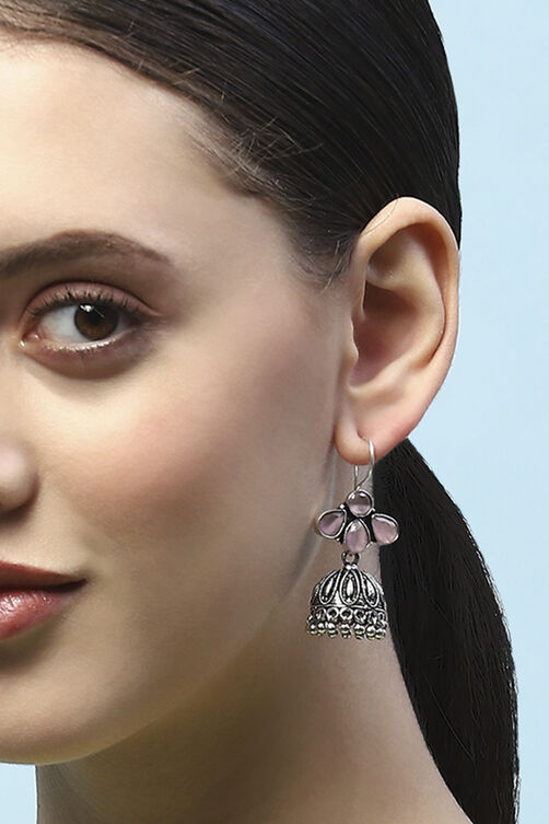 Light Pink Oxidised Stone Studded Jhumkas image number 3