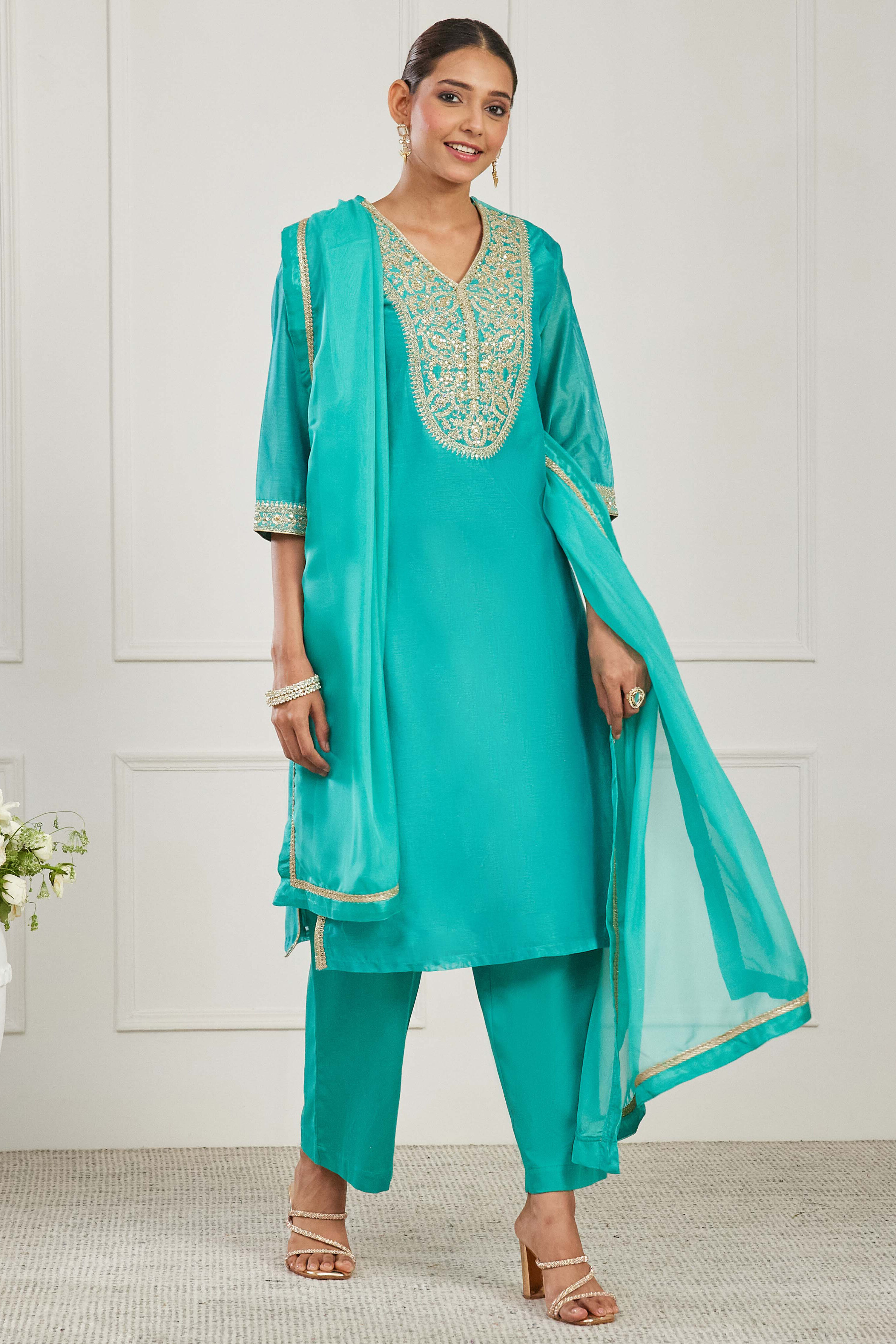 Turquoise Cotton Silk Straight Suit Set image number 5