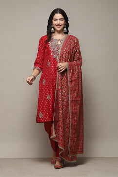 Red Rayon Straight Kurta Salwar Suit Set image number 7
