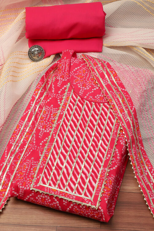 Pink Cotton Hand Block Print Unstitched Suit Set image number 0