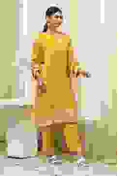 Mustard Yellow Printed Straight Suit Set image number 5