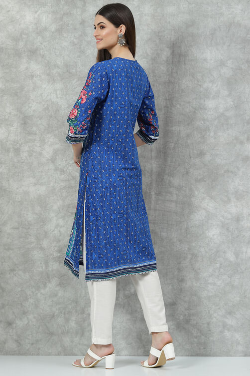 Blue Cotton Straight Printed Kurta image number 4