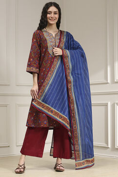 Rust and Blue Cotton Printed A-Line Suit Set image number 6