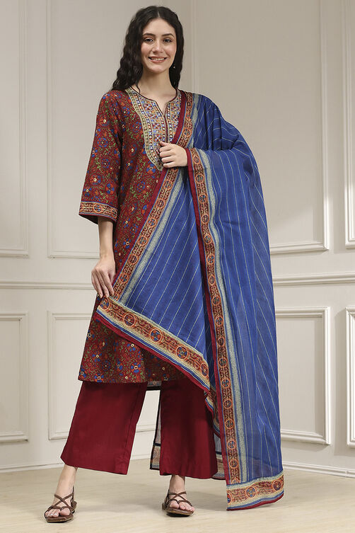 Rust and Blue Cotton Printed A-Line Suit Set image number 6