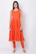 Orange Cotton Blend Silk Flared Kurta Churidar Suit Set image number 4
