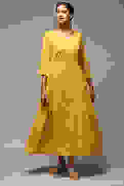 Yellow Cotton Blend Flared Dress image number 5