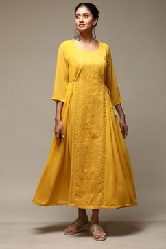 Yellow Cotton Blend Flared Dress image number 5