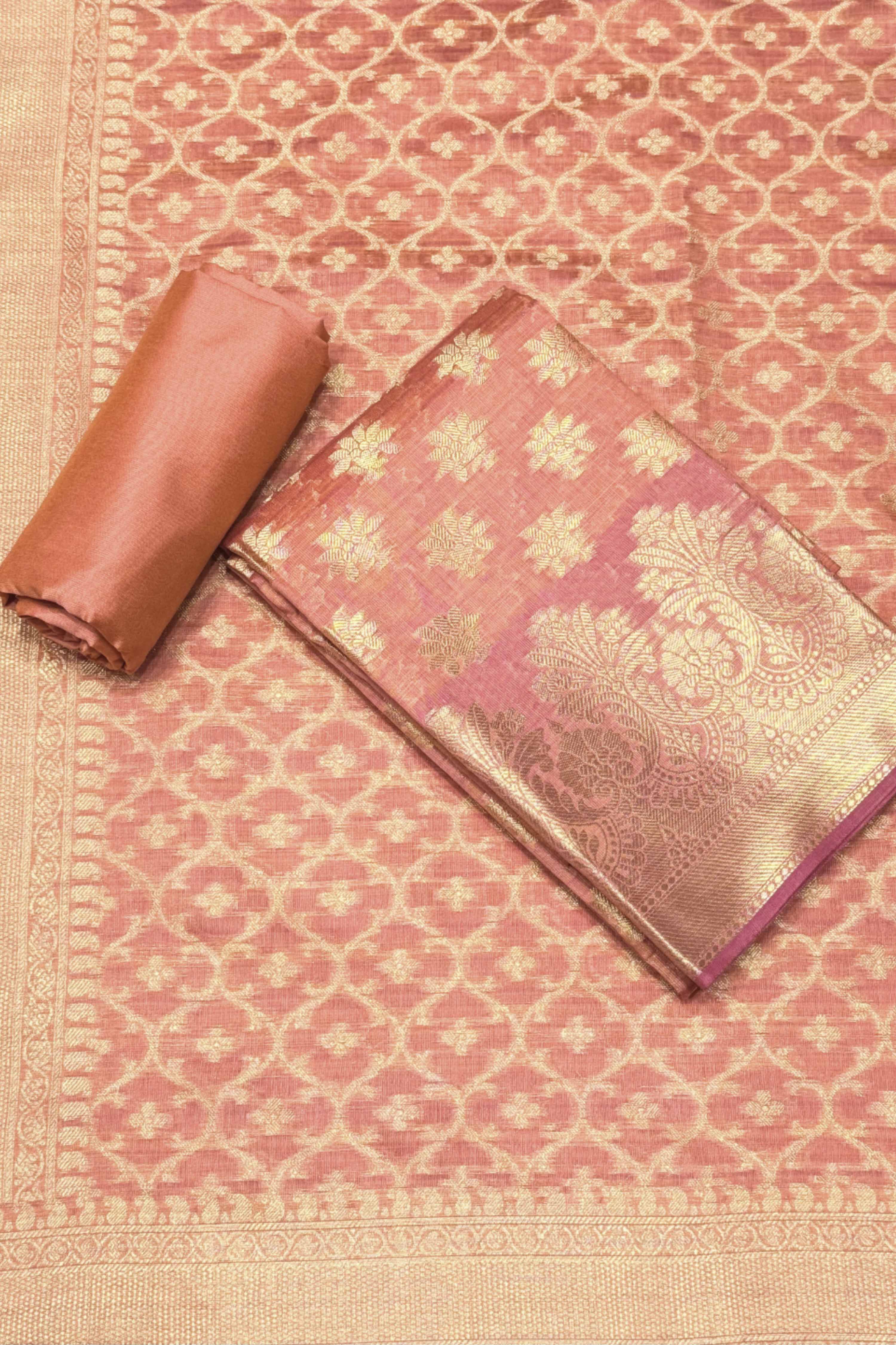 Pink Chanderi Silk Printed Unstitched Suit Set image number 0