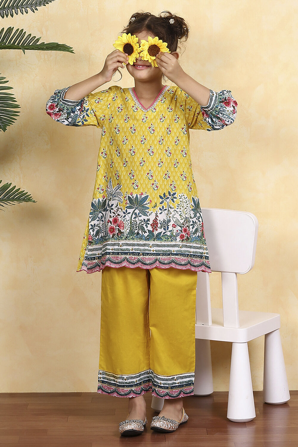 Yellow Cotton Printed A-Line Kurta Pants Set image number 0