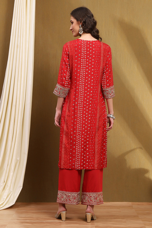Red Modal Printed Festive Straight Suit Set image number 4