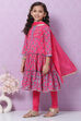 Pink Cotton Tiered Kurta Churidar Suit Set image number 3