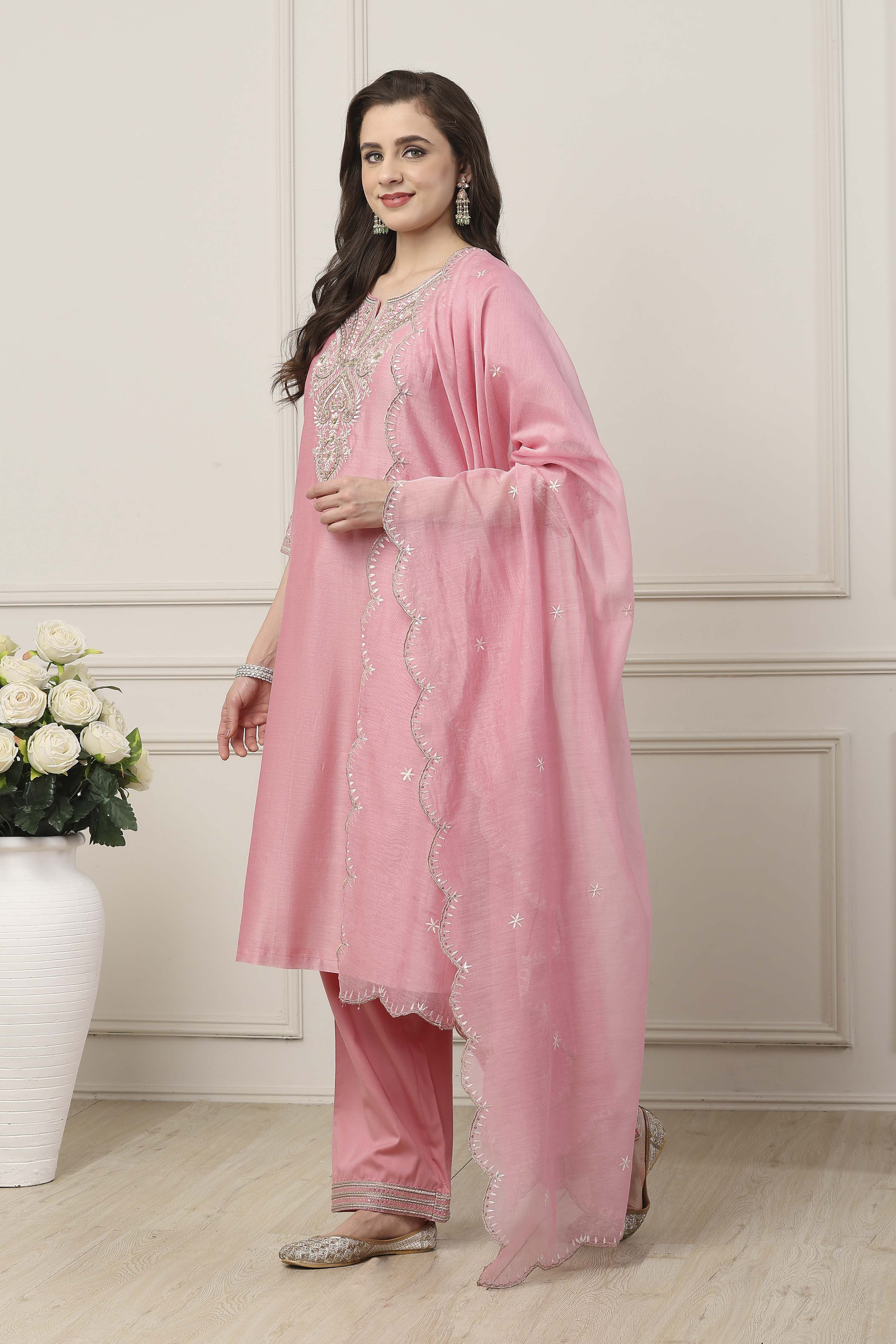 White Silk Chanderi Straight Suit Set image number 3