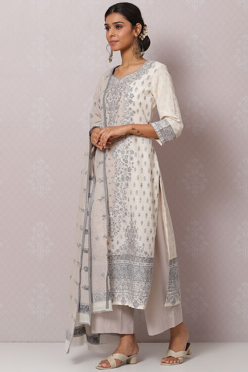 Off White Cotton Straight Kurta Palazzo Suit Set image number 2
