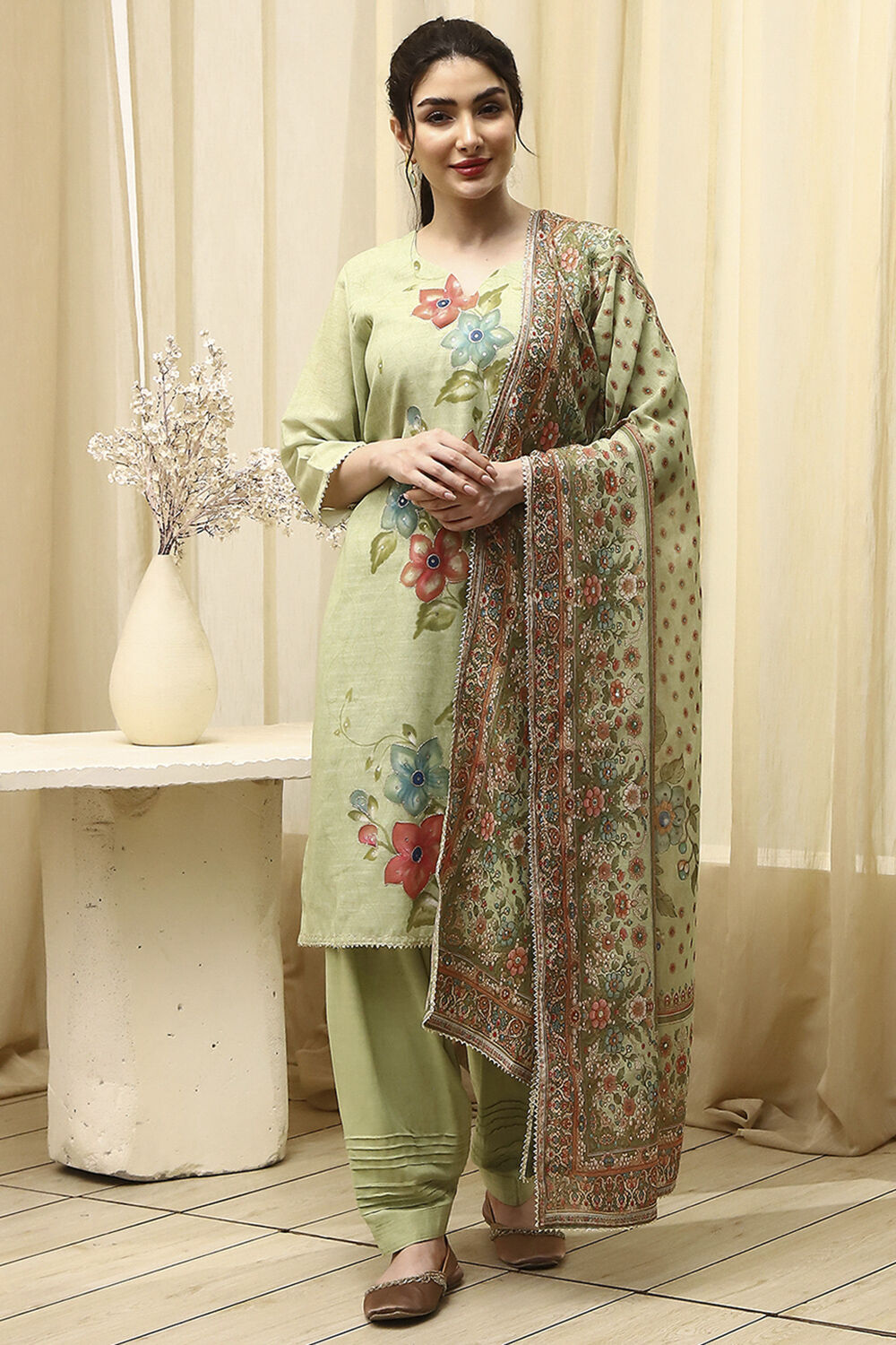 Green Linen Hand Painted Unstitched Suit Set image number 1