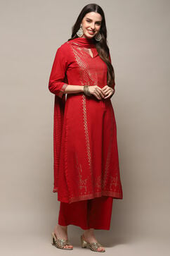 Deep Red Cambric Relaxed Kurta Palazzo Suit Set image number 6