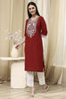 Maroon Cotton Dyed Straight Kurta image number 2