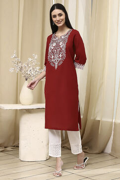 Maroon Cotton Straight Kurta image number 2