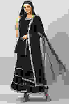 Black Cotton Blend Straight Kurta Garara Suit Set image number 5