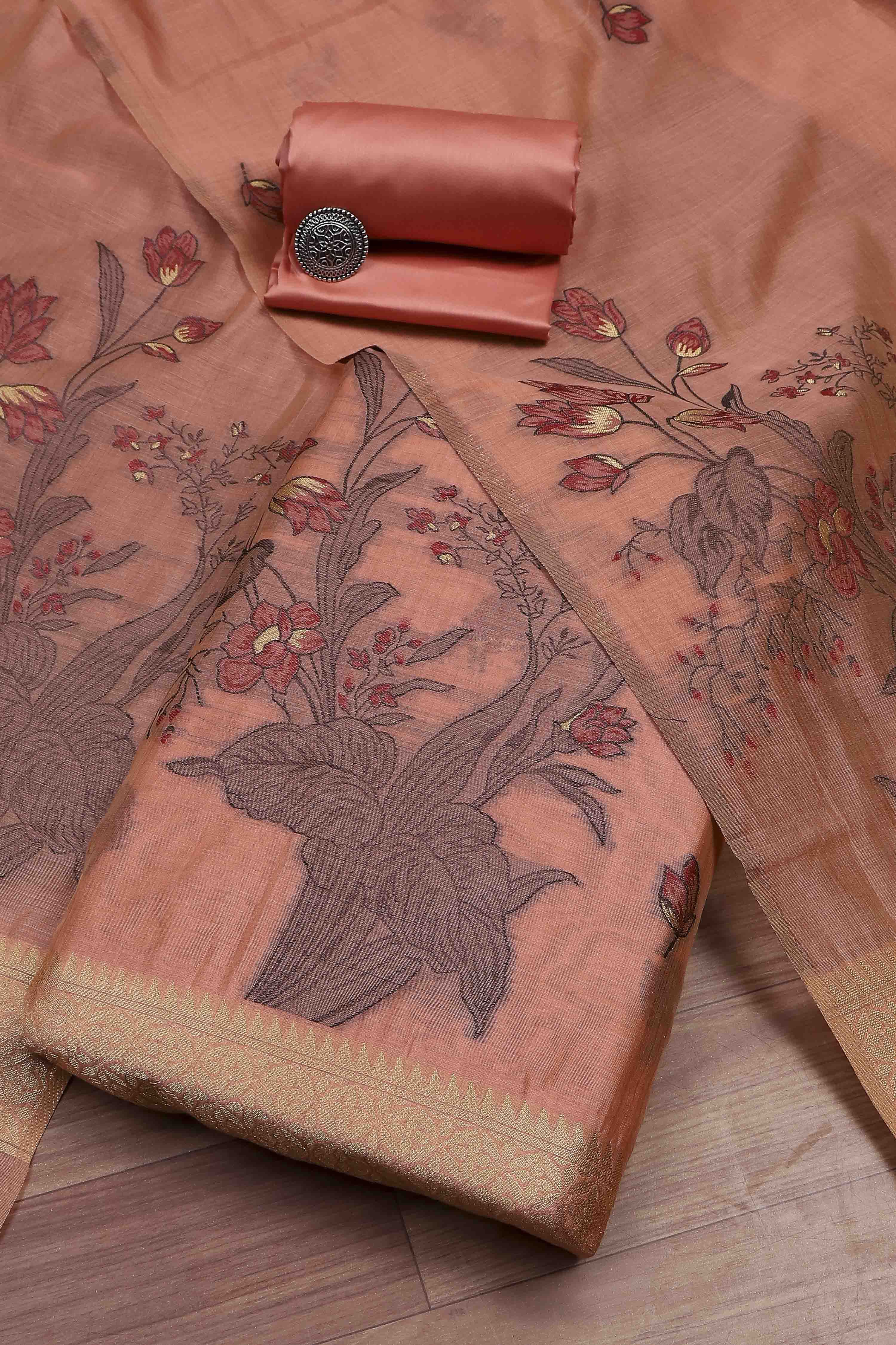 Peach Cotton Jamdani Unstitched Suit Set image number 0