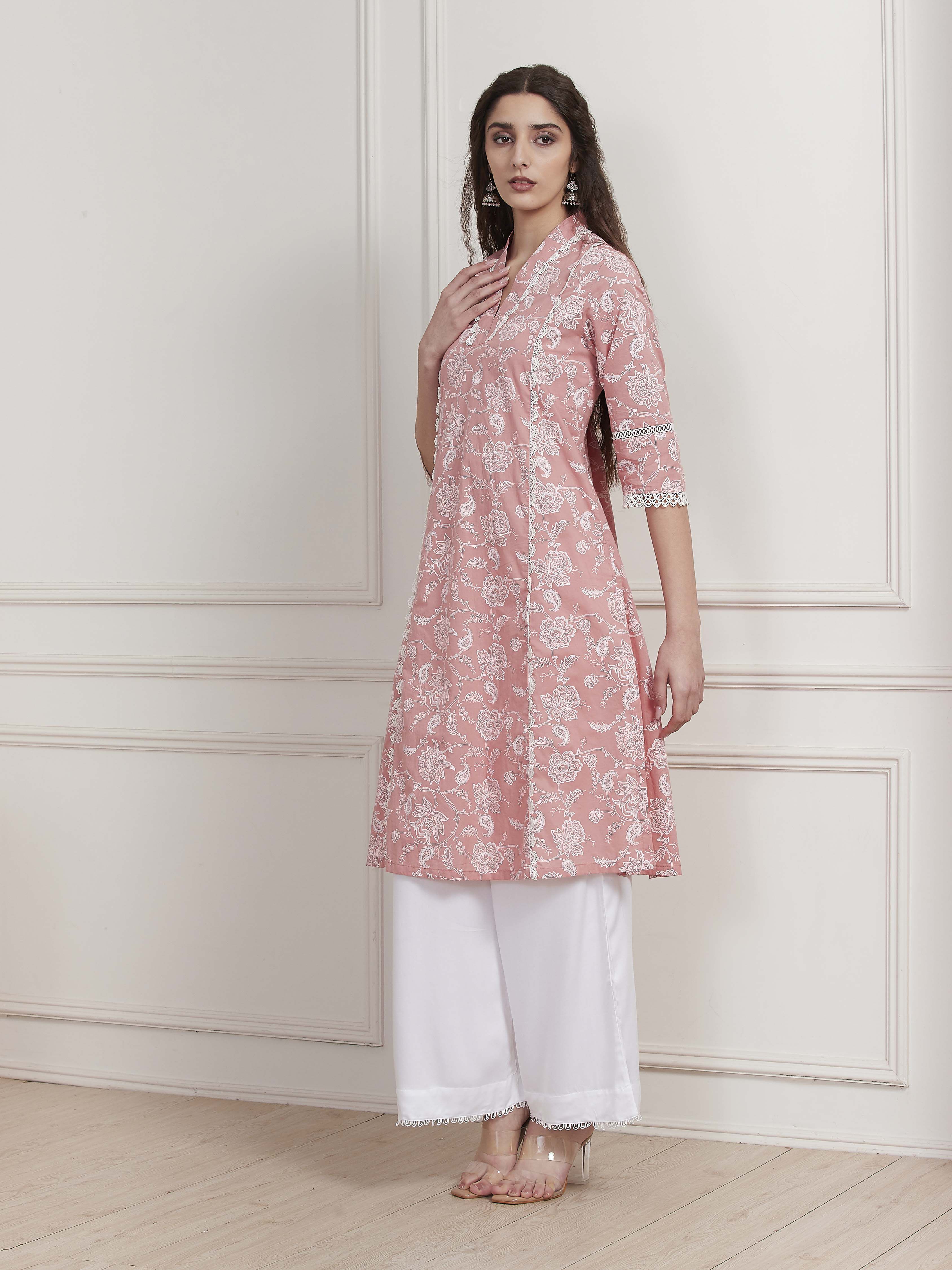 Pink Cotton Printed Straight Kurta image number 2