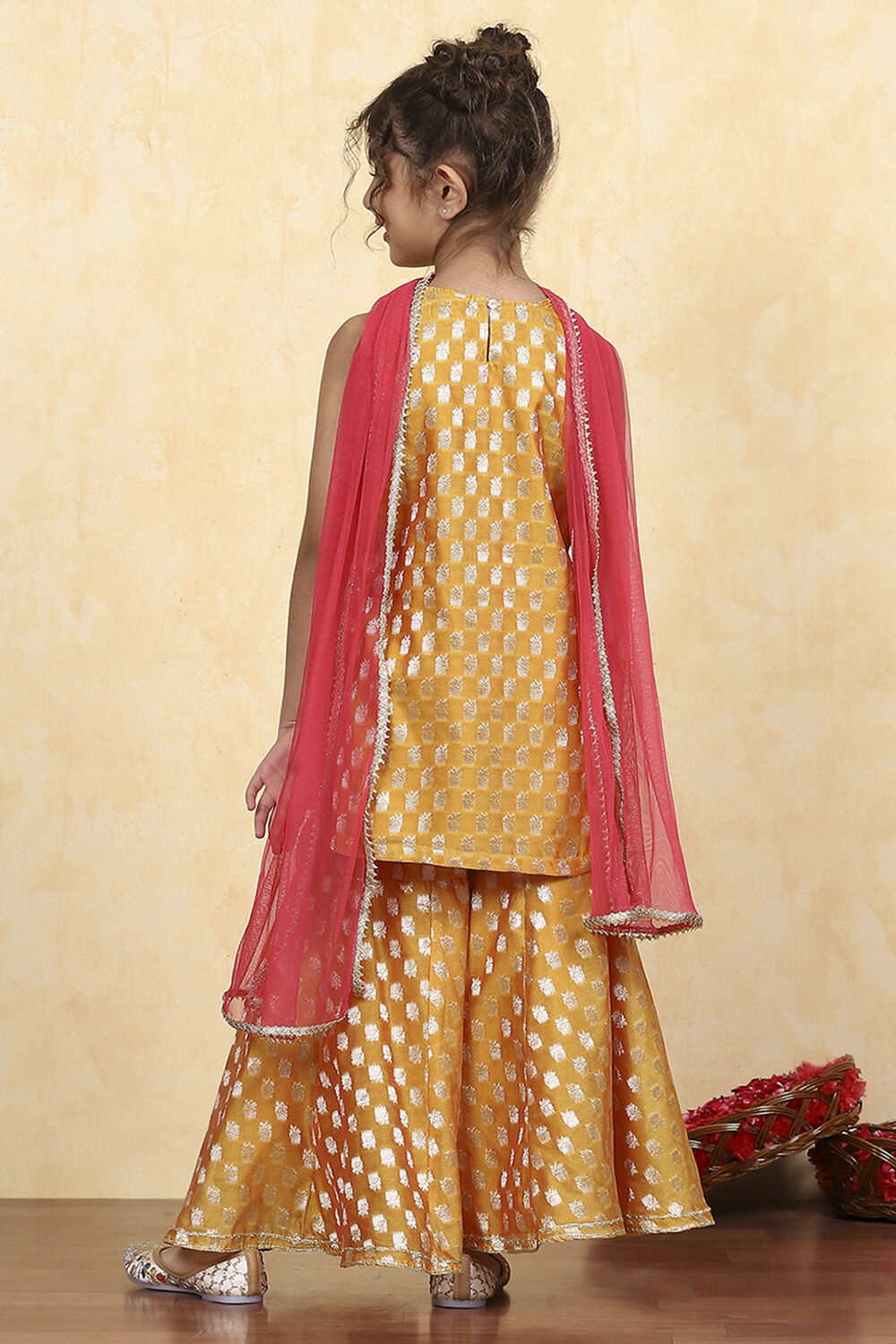 Yellow Brocade Yarndyed Fitted Sharara Suit Set image number 4