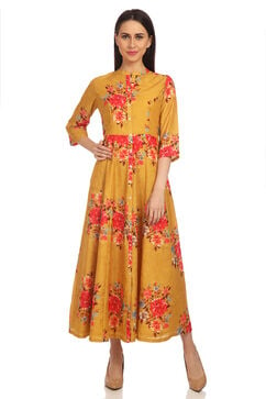 Yellow Flared Art Silk Printed Dress image number 0