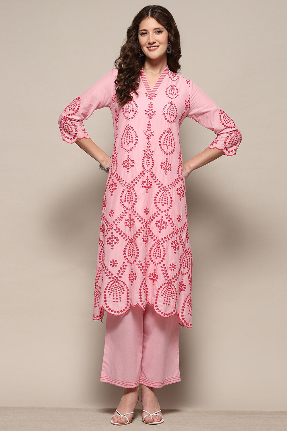 Pink Pure Cotton Schiffli Kurta & Palazzo Suit Set image number 0