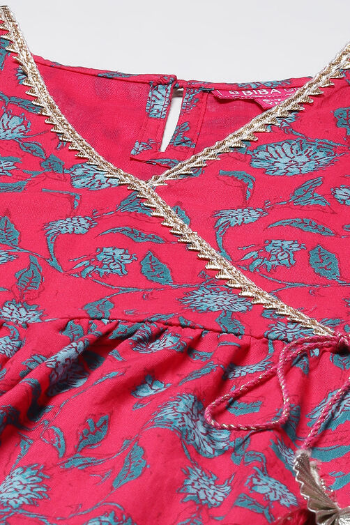 Pink Cotton Flared Printed Kurta Set image number 1