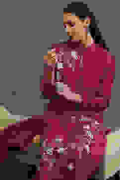 Rohit Bal Maroon Silk Chanderi Floral Straight Suit Set image number 7