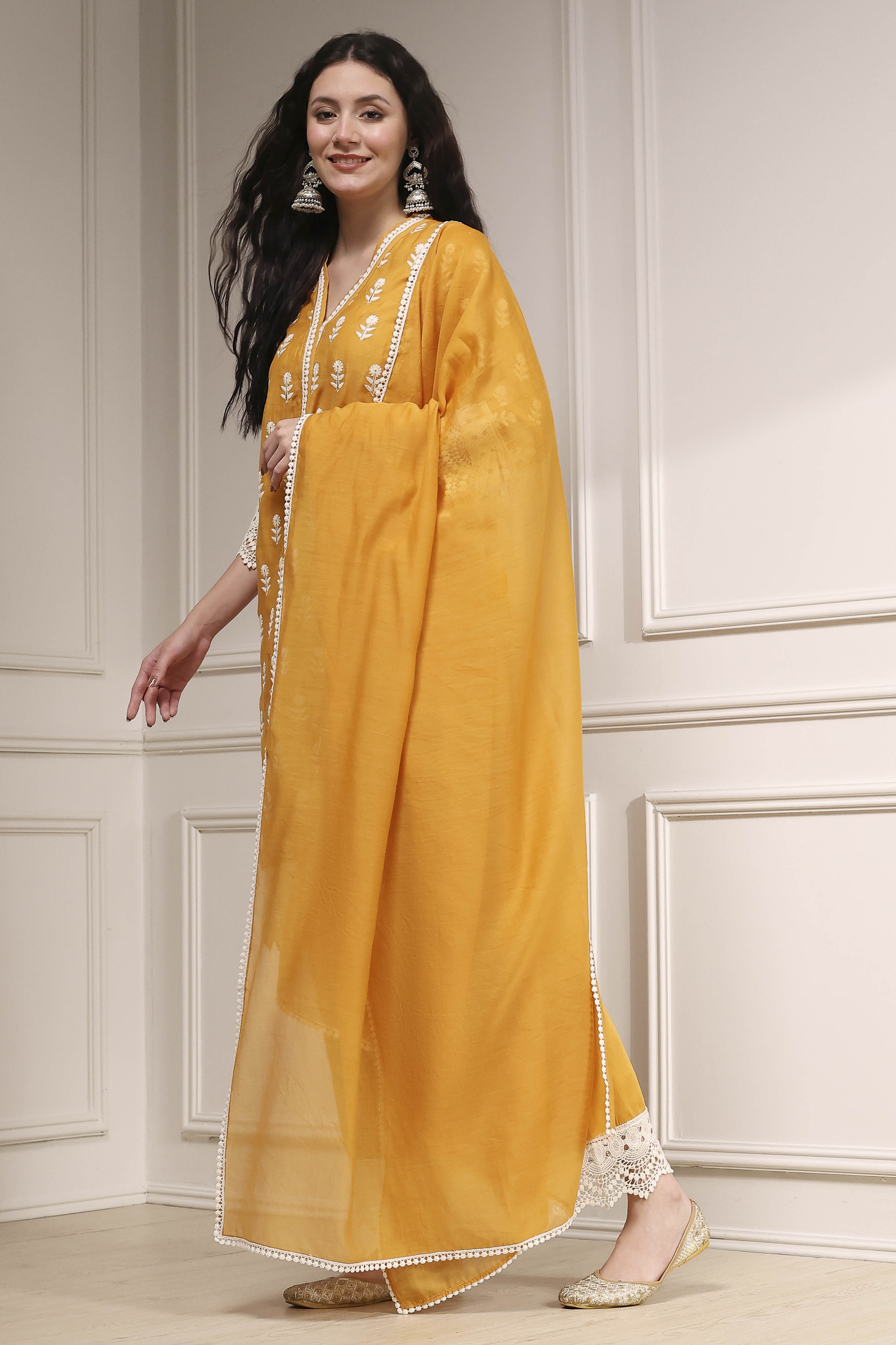 Ochre Yellow Chanderi Straight Suit Set image number 3